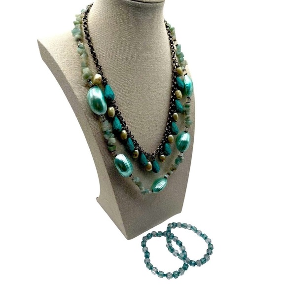 Layered Seafoam Silver Necklace with Matching Bracelets Boho Turquoise Pearl N84 - Picture 3 of 6